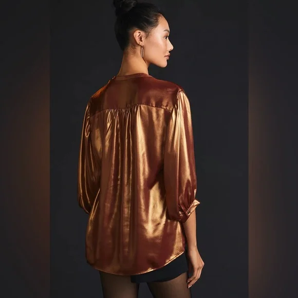 Adrienne Copper Shimmer Blouse S Metallic Satin V-Neck Stretch Top - Picture 4 of 11